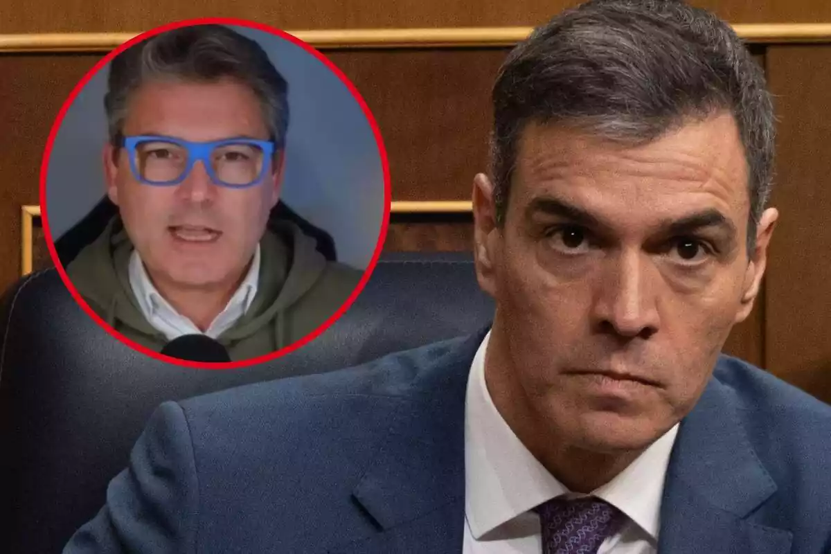 Imagen de fondo de Pedro Sánchez durante la votación de la Ley de amnistía, en una sesión plenaria, en el Congreso de los Diputados y otr aimagen de Marc Vidal en un vídeo de su canal de Youtube