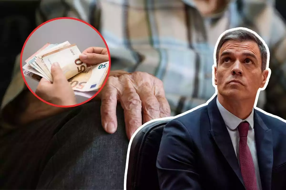 Montaje con Pedro Sánchez, la mano de un anciano y alguien contando billetes