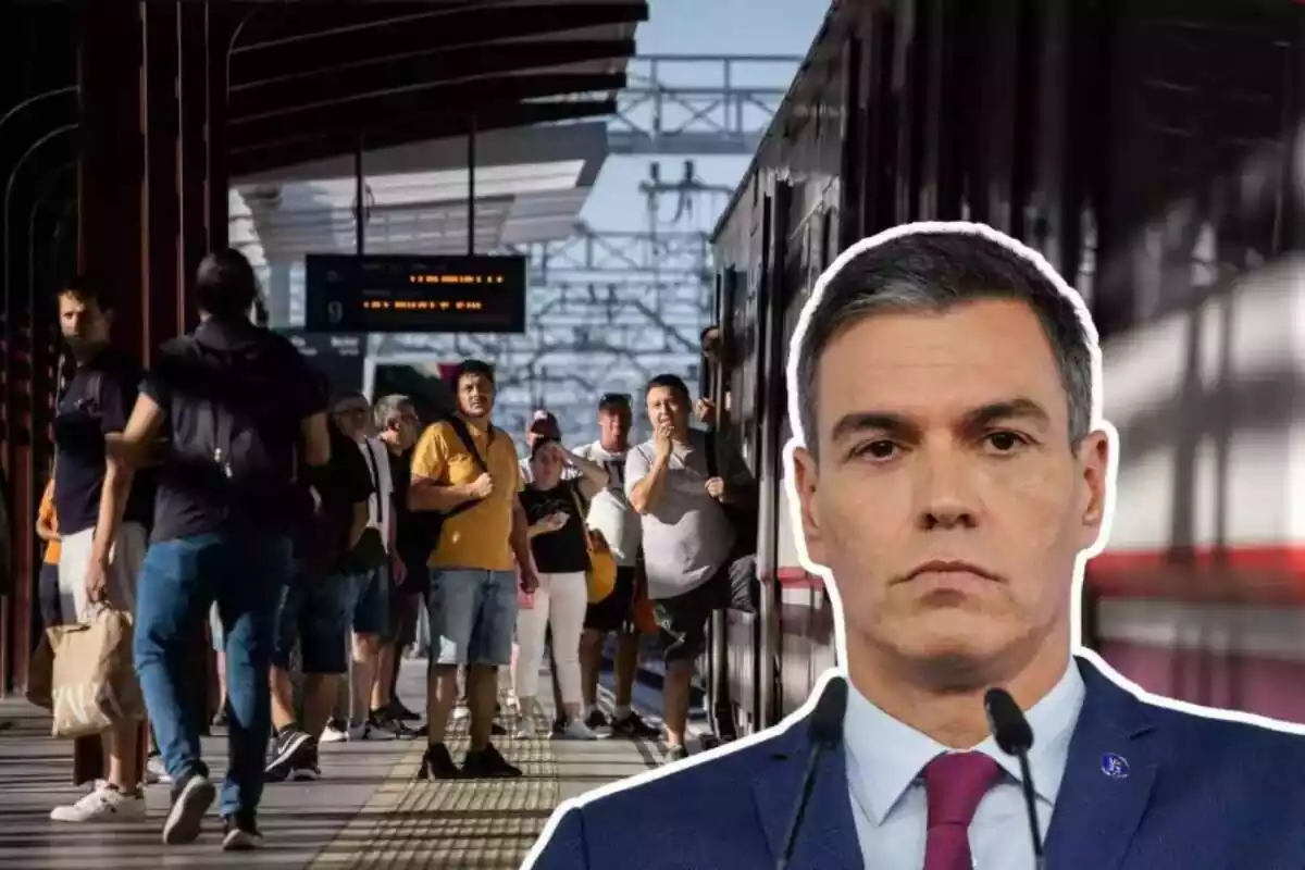 Montaje con varios pasajeros subiendo al tren y un primer plano de Pedro Sánchez