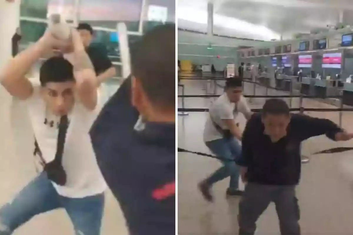 Imagen de una pelea en el Aeropuerto del Prat entre varias personas que embalan maletas