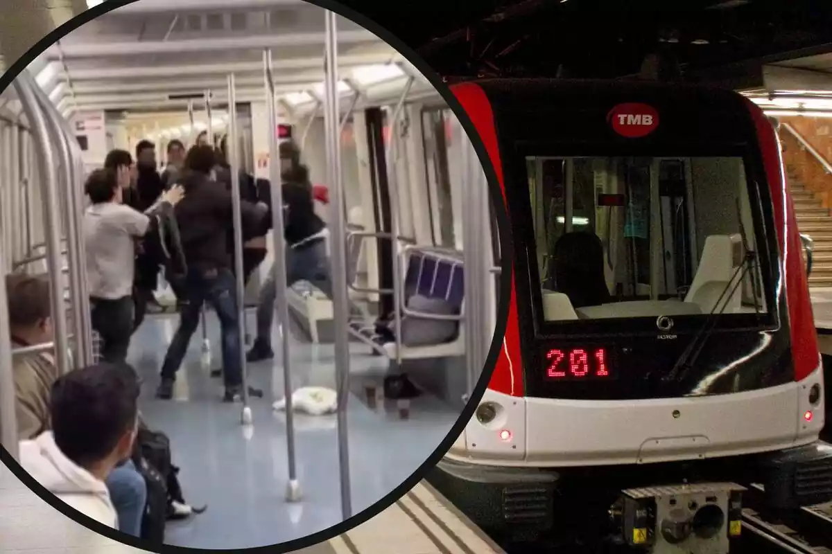 Montaje de una pelea en el metro de Barcelona junto a uno de los combois del transporte