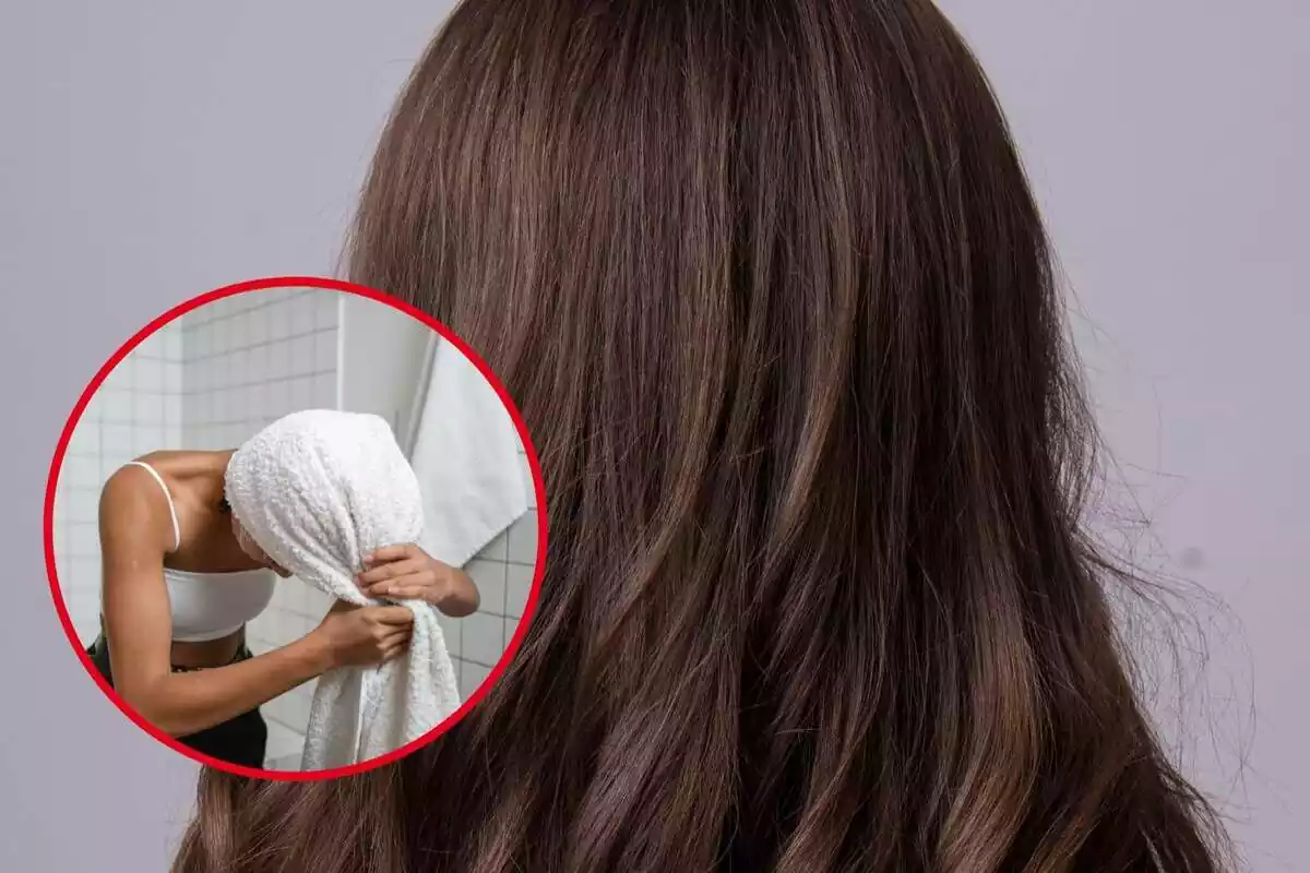 Plano general de un cabello y de una chica con una toalla