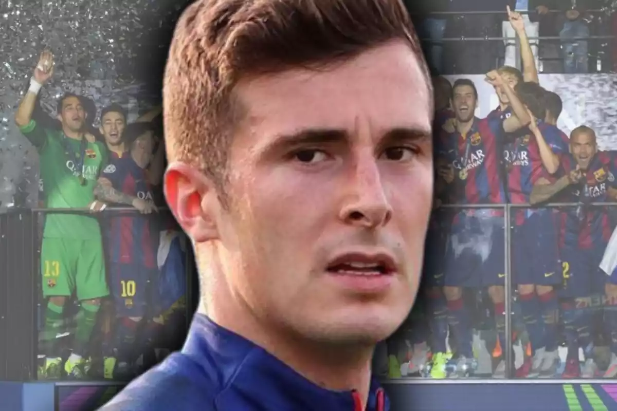 Iñaki Peña mirando al frente con cara de preocupación con una imagen del FC Barcelona celebrando al fondo