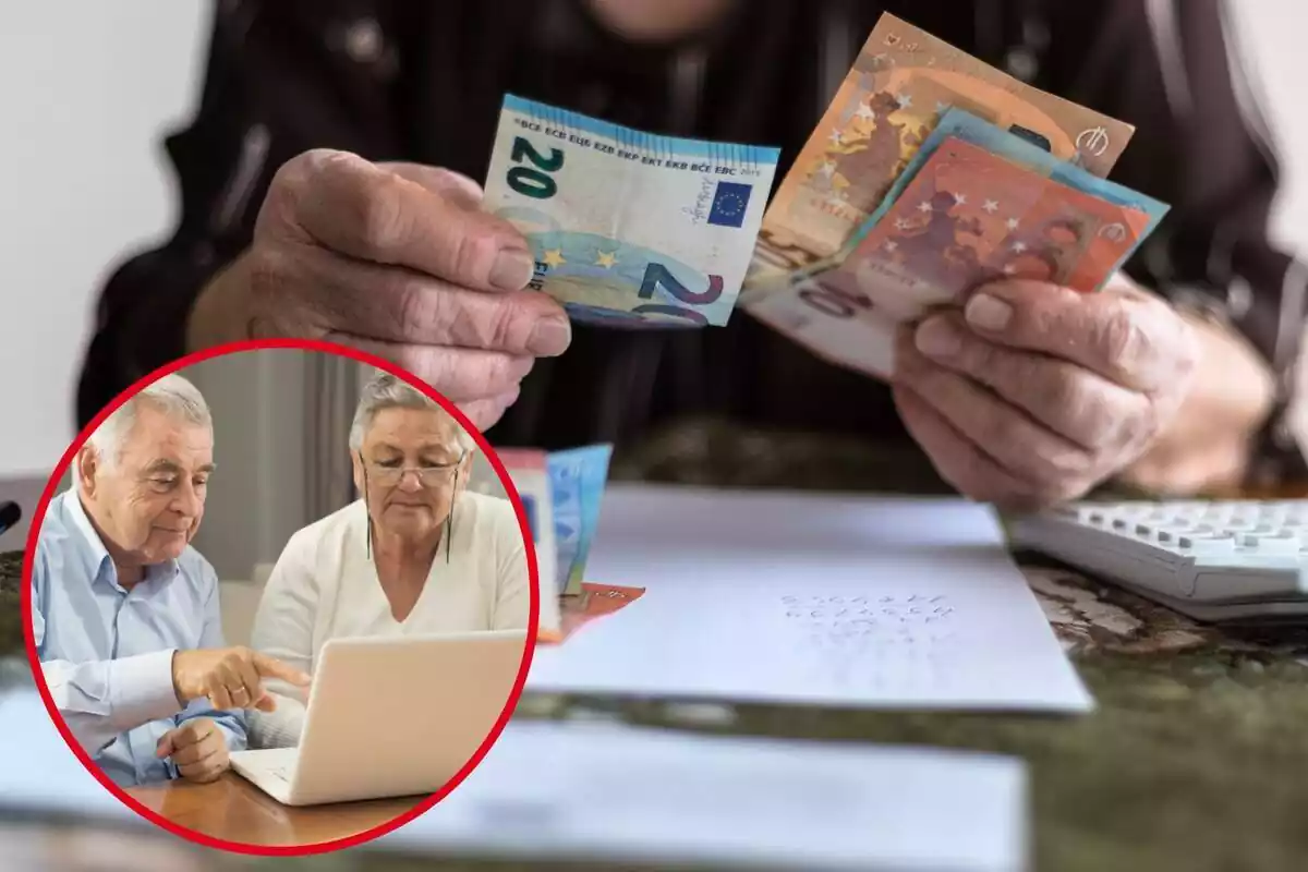 Imagen de fondo de una persona con billetes de euro en la mano y otra de dos personas mayores mirando un ordenador
