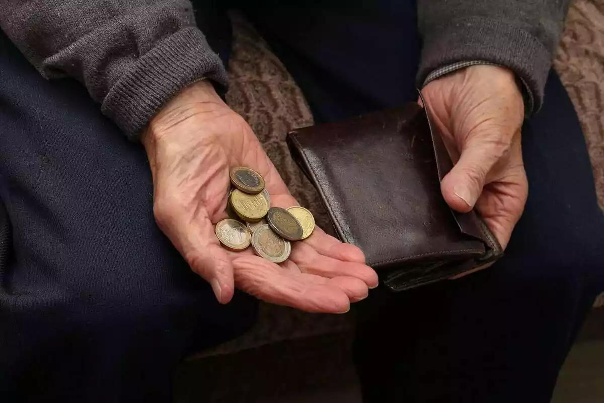 Primer plano de la mano de una persona mayor con monedas de euro y sujetando una cartera