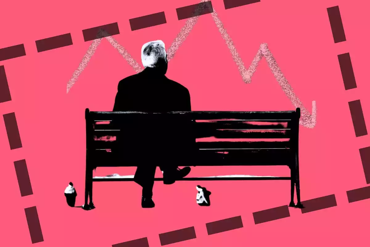 Imagen de un anciano sentado en un banco mirando una grafica descendiente