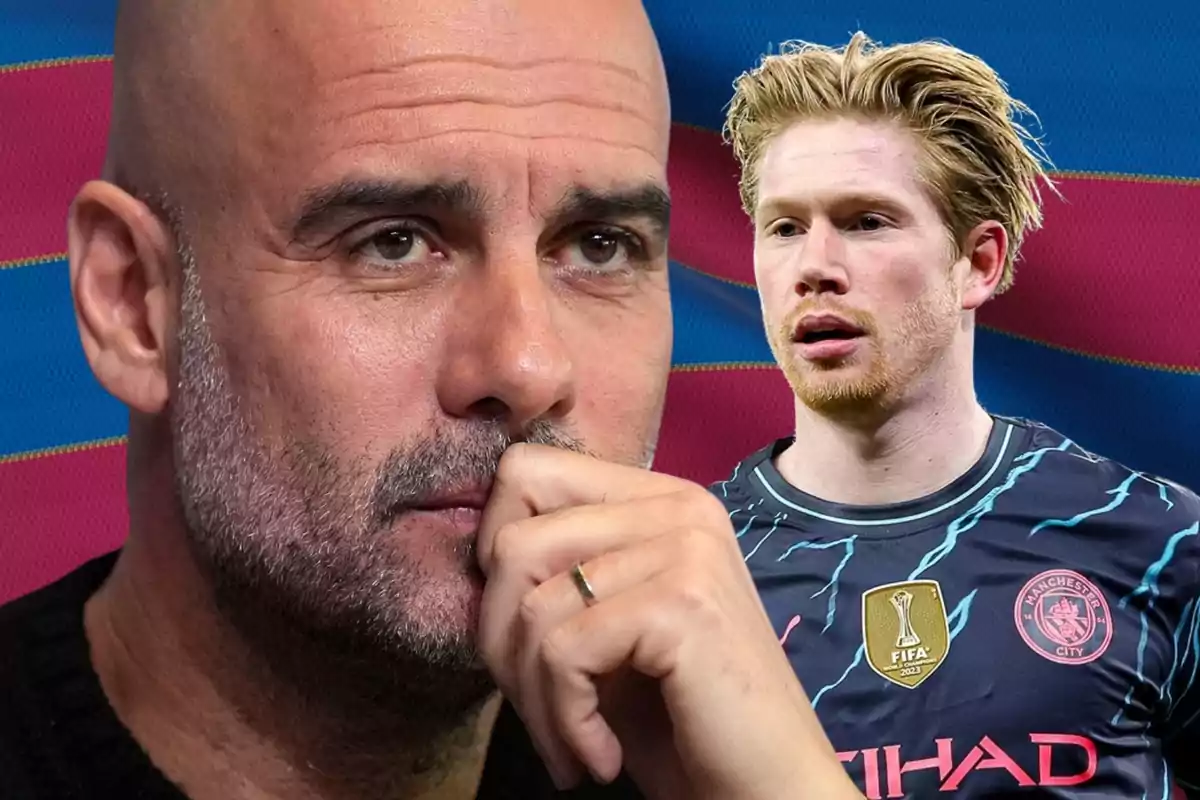 Pep Guardiola pensativo con Kevin de Bruyne al fondo