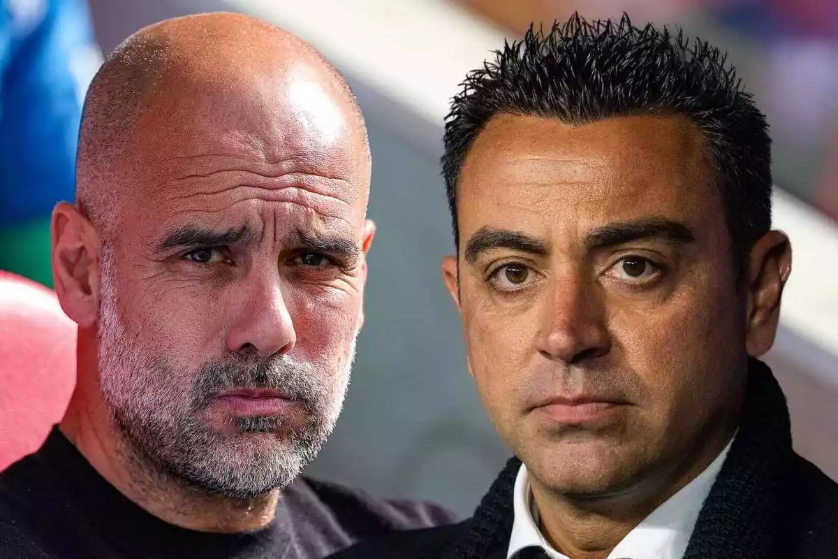 Imagen de Pep Guardiola, entrenador del Manchester City, junto a Xavi Hernández, técnico del F.C.Barcelona