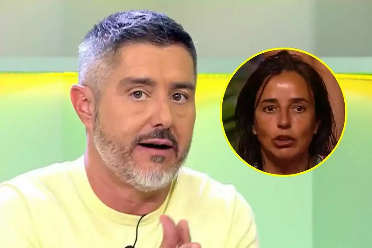 Pepe del Real con barba y cabello corto habla en Vamos a ver, mientras que en un círculo amarillo se muestra el rostro de Carmen Alcayde en Supervivientes.