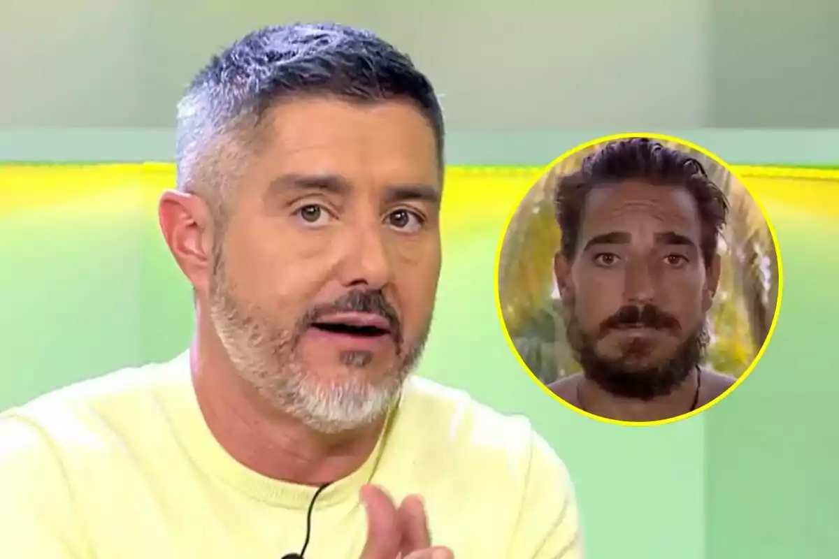 Pepe del Real de cabello corto y barba canosa hablando en Vamos a ver con la imagen de Damián Quintero barbudo en Supervivientes en un círculo amarillo sobrepuesta en la esquina superior derecha