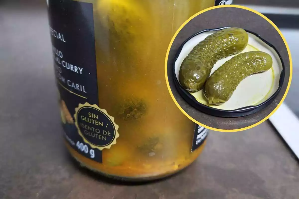 Bote de pepinillos al curry y tamaño de los pepinillos en la tapa Bote de pepinillos al curry y tamaño de los pepinillos en la tapa