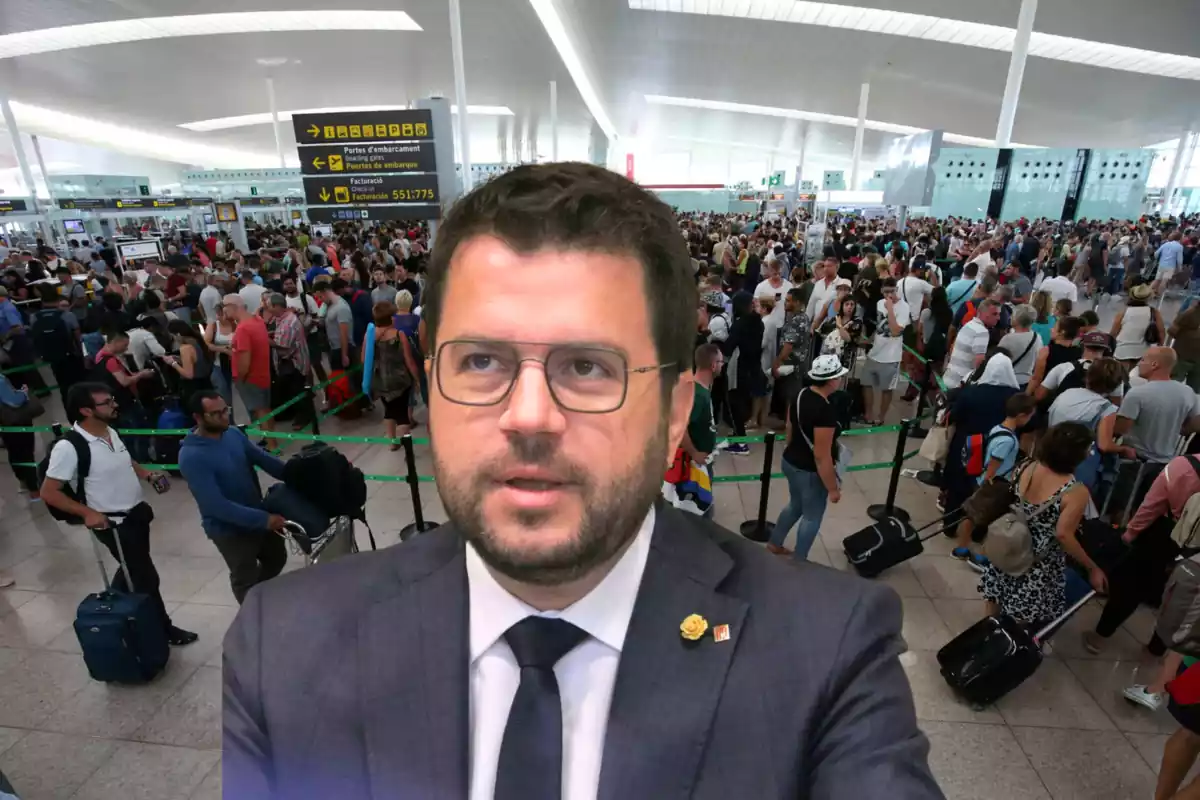 Pere Aragonès con una imagen de fondo del Aeropuerto del Prat