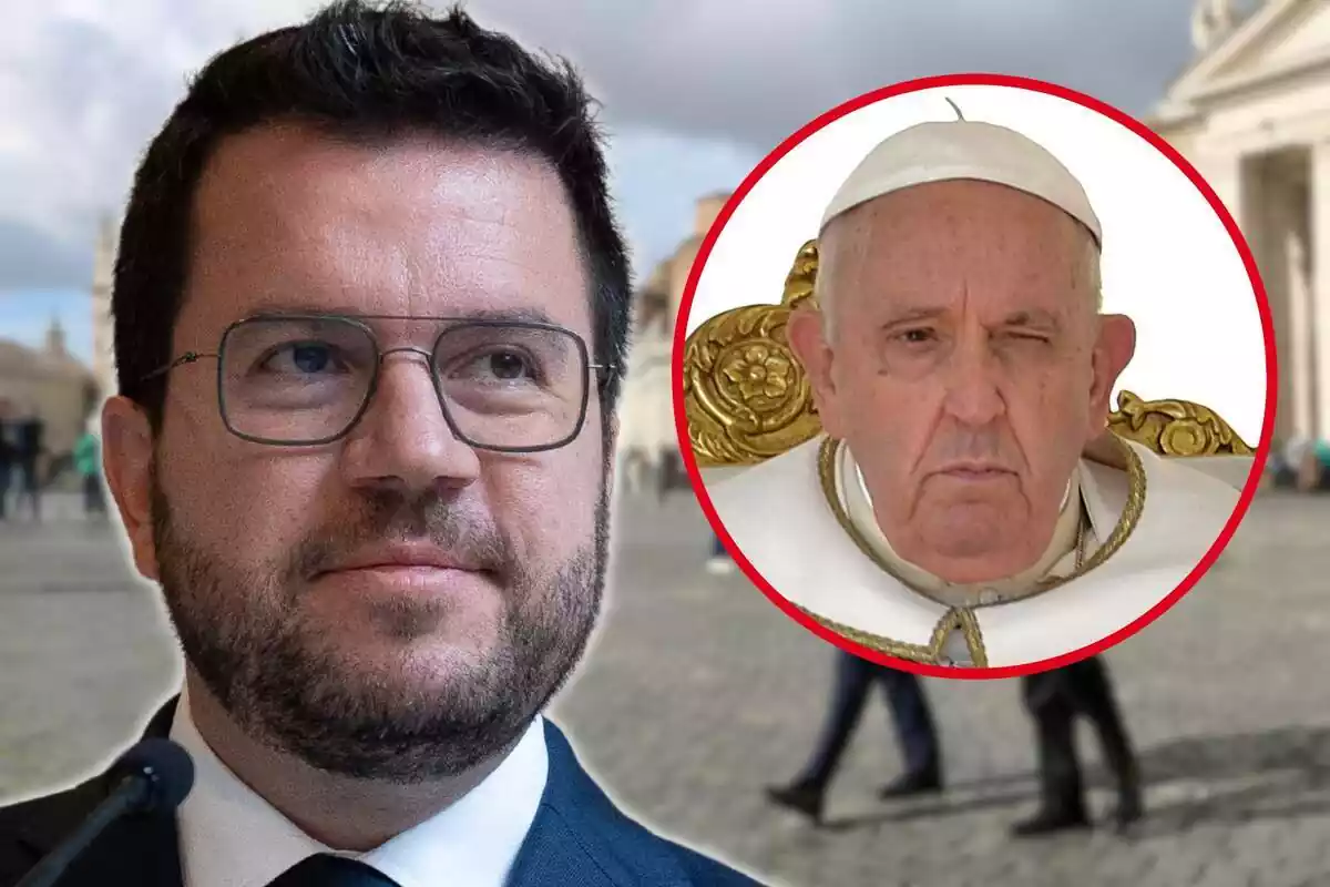 Montaje con un primer plano de Pere Aragonès sonriendo y un círculo con un primer plano del Papa Francisco haciendo un guiño con su ojo izquierdo