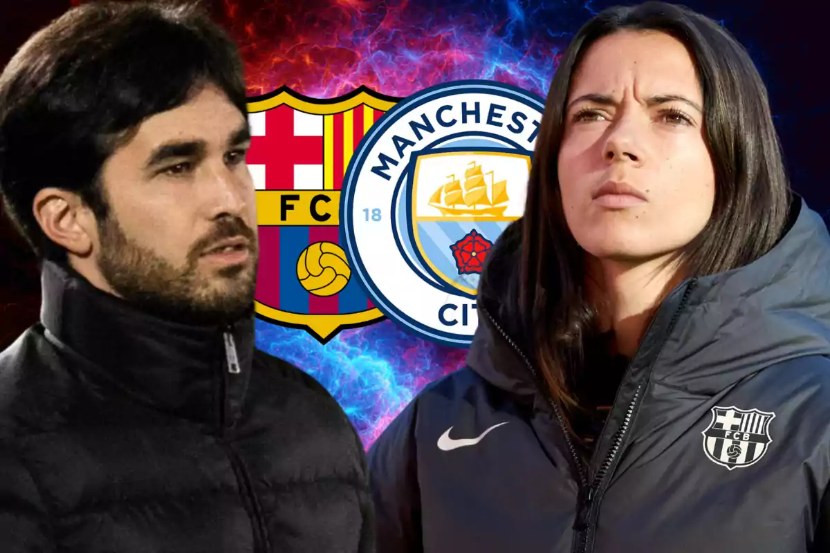 Dos personas con chaquetas deportivas frente a los escudos del FC Barcelona y Manchester City, con un fondo de colores rojo y azul.