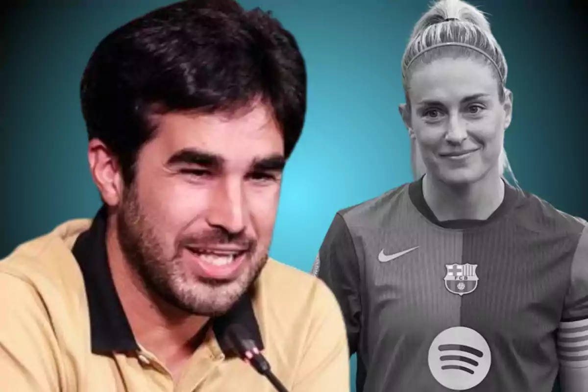 Un hombre hablando en un micrófono y una mujer con uniforme deportivo del FC Barcelona sobre un fondo azul.