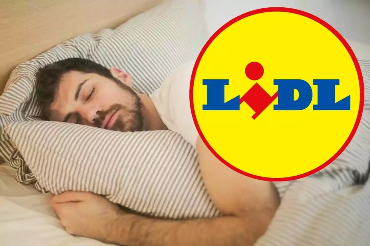 Hombre durmiendo en una cama con el logo de Lidl superpuesto.