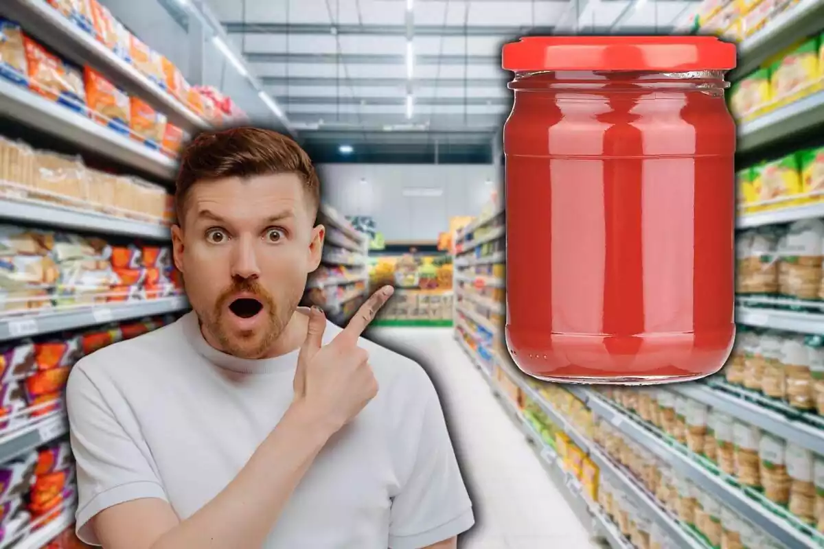 Hombre señalando un bote de tomate frito en un supermercado