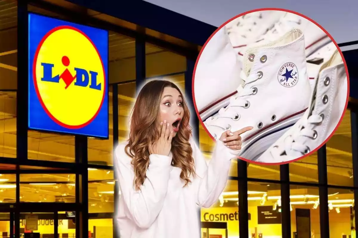 Mujer sorprendida señalando zapatillas converse y de fondo un supermercado Lidl