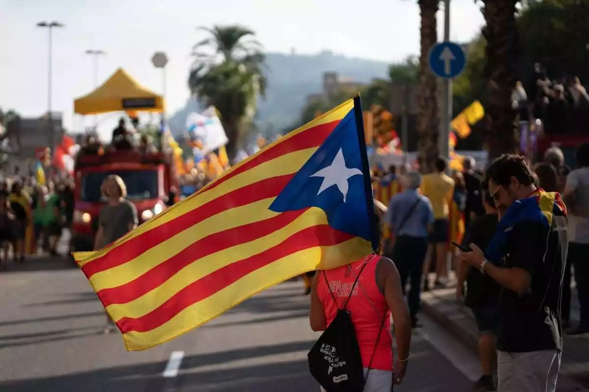 Una persona sostiene un banderín en la manifestación convocada por la ANC con motivo de la Diada, Día de Catalunya, a 11 de septiembre de 2022, en Barcelona