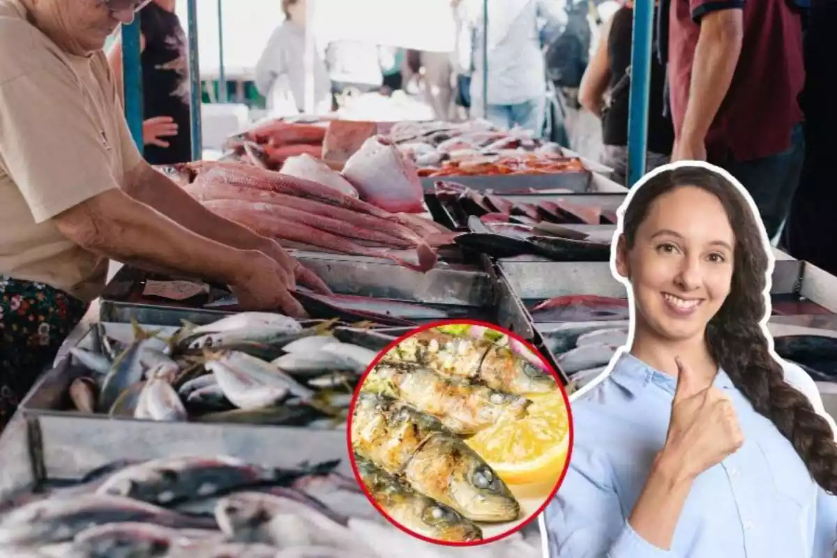 Imagen de fondo de una pescadería, junto a otra con un plato de sardinas y una mujer con gesto de aprobación Imagen de fondo de una pescadería, junto a otra con un plato de sardinas y una mujer con gesto de aprobación