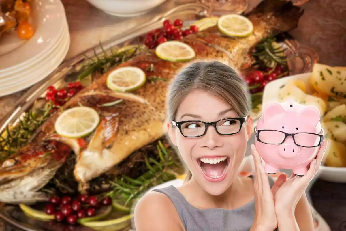 Montaje fotográfico entre una imagen de un pescado en una cena de navidad y una mujer contenta con una hucha