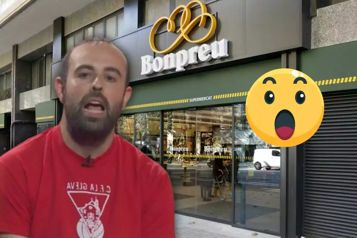 Un hombre con camiseta roja aparece frente a un supermercado Bonpreu con un emoji sorprendido al lado.