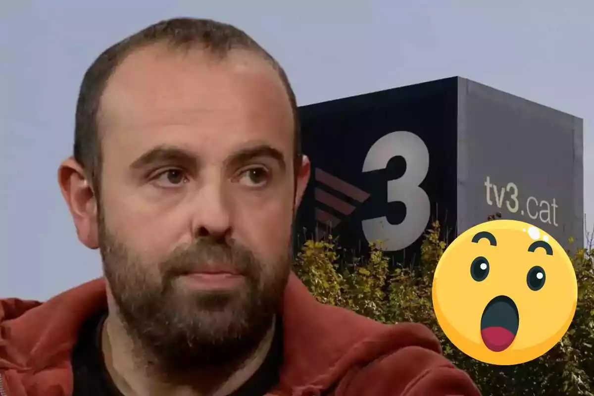 Hombre con barba y expresión seria frente a un edificio con el logo de "tv3.cat" y un emoji sorprendido en la esquina inferior derecha.