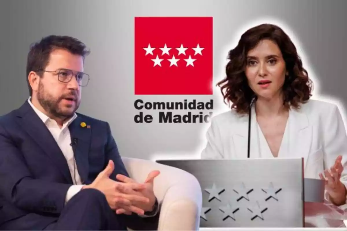 Pere Aragonès sentado en una butaca blanca con los brazos cruzados e Isabel Díaz Ayuso hablando en un atril de la comunidad de Madrid