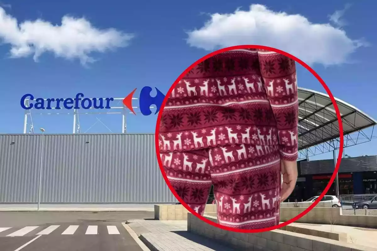 Detalle de pijama de Navidad inserto en círculo rojo sobre fondo de parking Carrefour