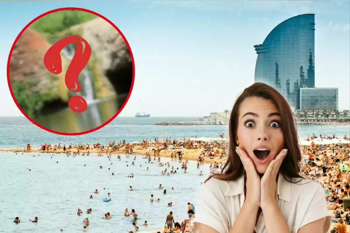 Playa de la Barceloneta, chica sorprendida y circulo rojo con fondo y interrogante