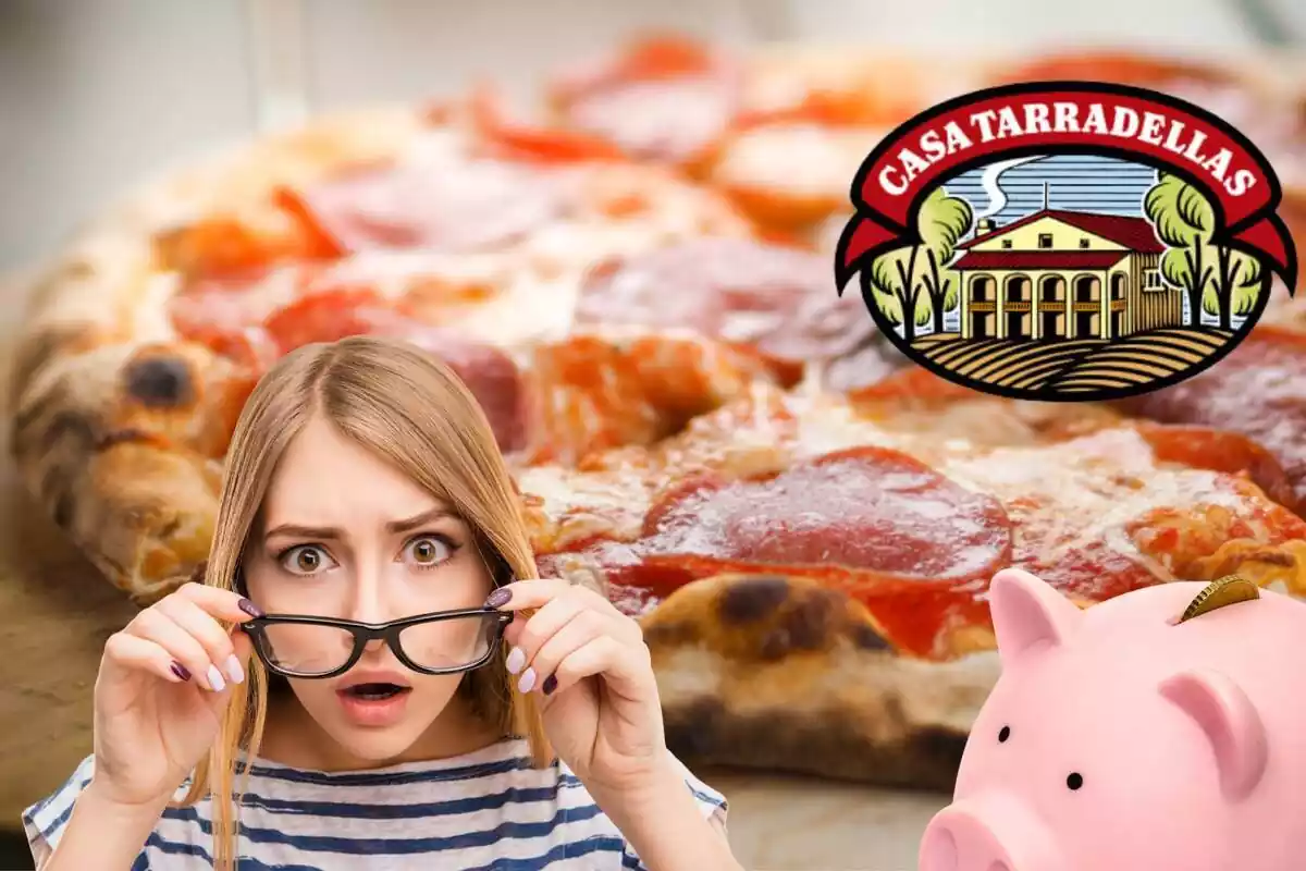 Montaje de pizza con el logo de Casa Tarradellas, mujer bajándose las gafas sorprendida por el precio y hucha de ahorros
