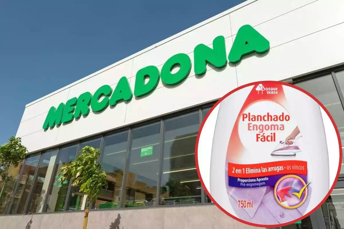 Montaje con un supermercado de Mercadona y en un círculo inferior su producto de planchado fácil