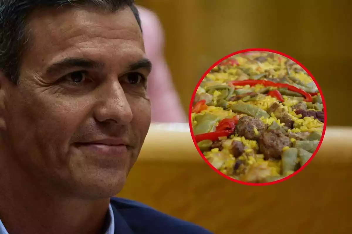 Montaje con cara de Pedro Sánchez y en un círculo paella