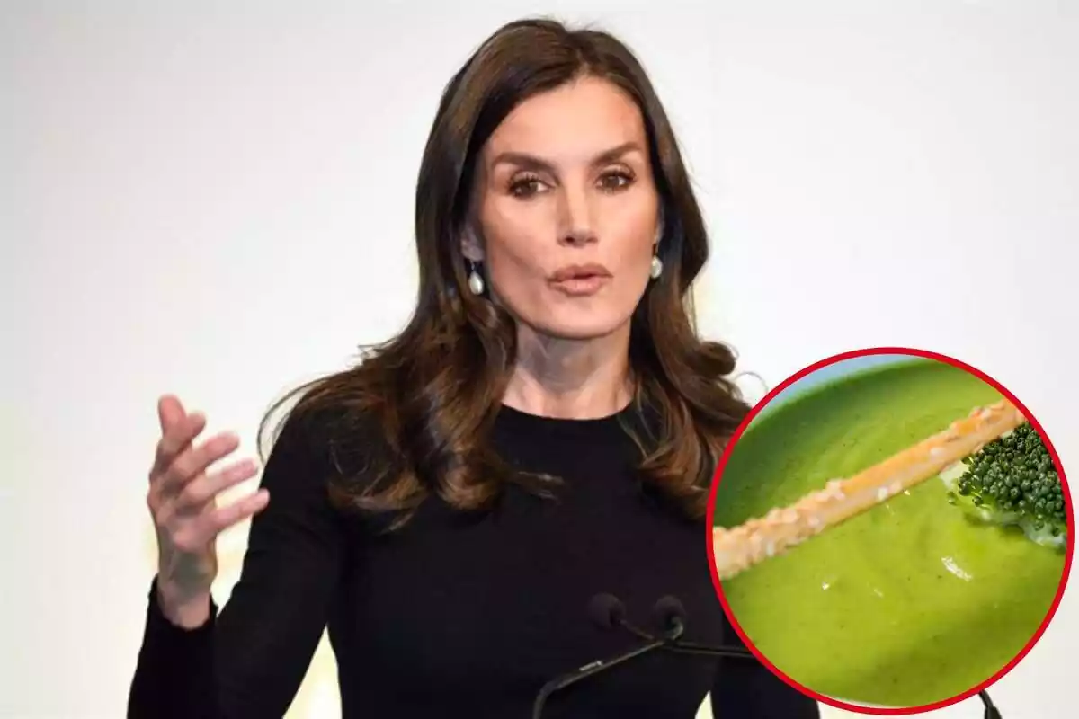 Montaje con la reina Letizia dando un discurso y en un círculo la sopa de espinacas