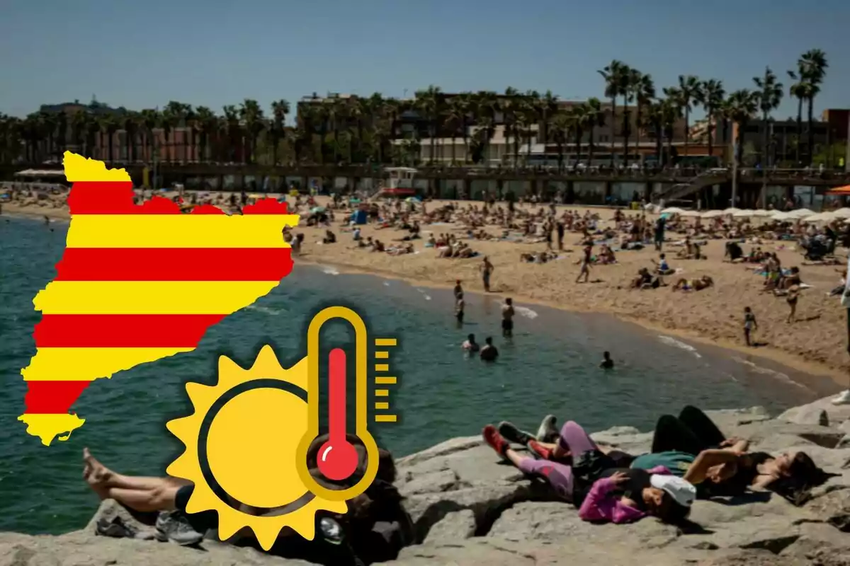Playa llena de gente en Cataluña con iconos de sol, termómetro y mapa de la región indicando altas temperaturas