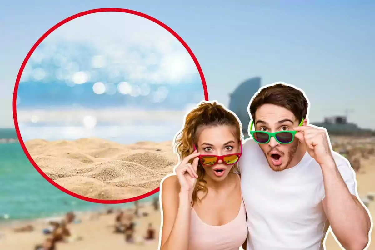 Imagen de fondo de la playa de la Barceloneta desenfocada, junto a otra de arena y mar y otra de una chica y un chico con gafas de sol y gesto de sorpresa