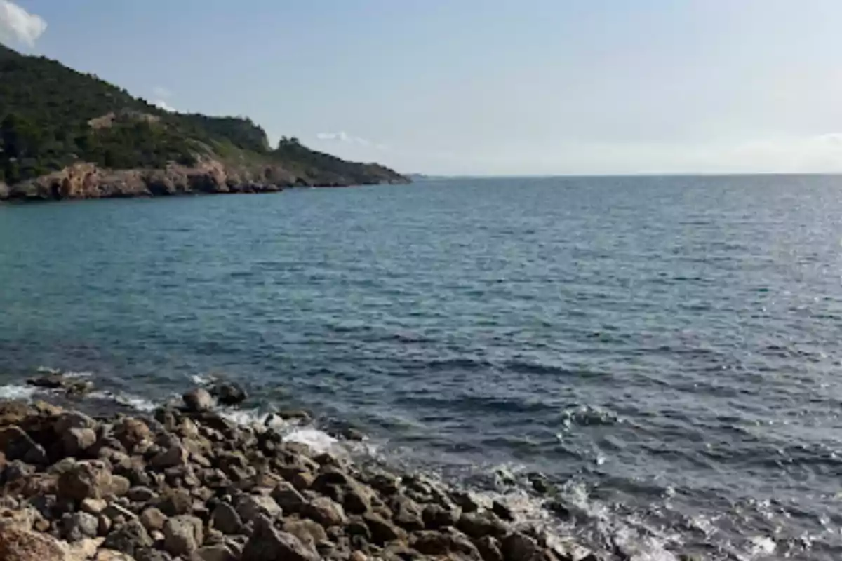 Una costa rocosa con un mar azul y colinas verdes al fondo bajo un cielo despejado. Una costa rocosa con un mar azul y colinas verdes al fondo bajo un cielo despejado.