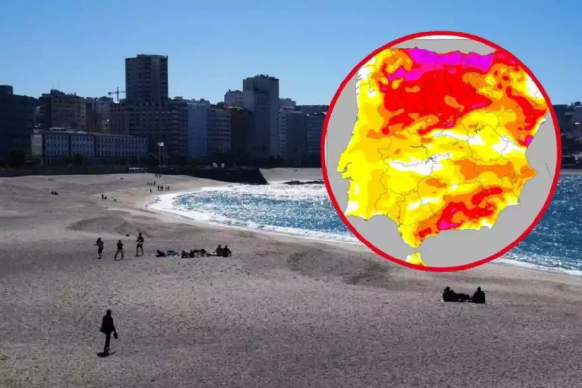 Montaje con gente paseando, jugando o tomando el sol en la playa y un círculo con el mapa de temperaturas