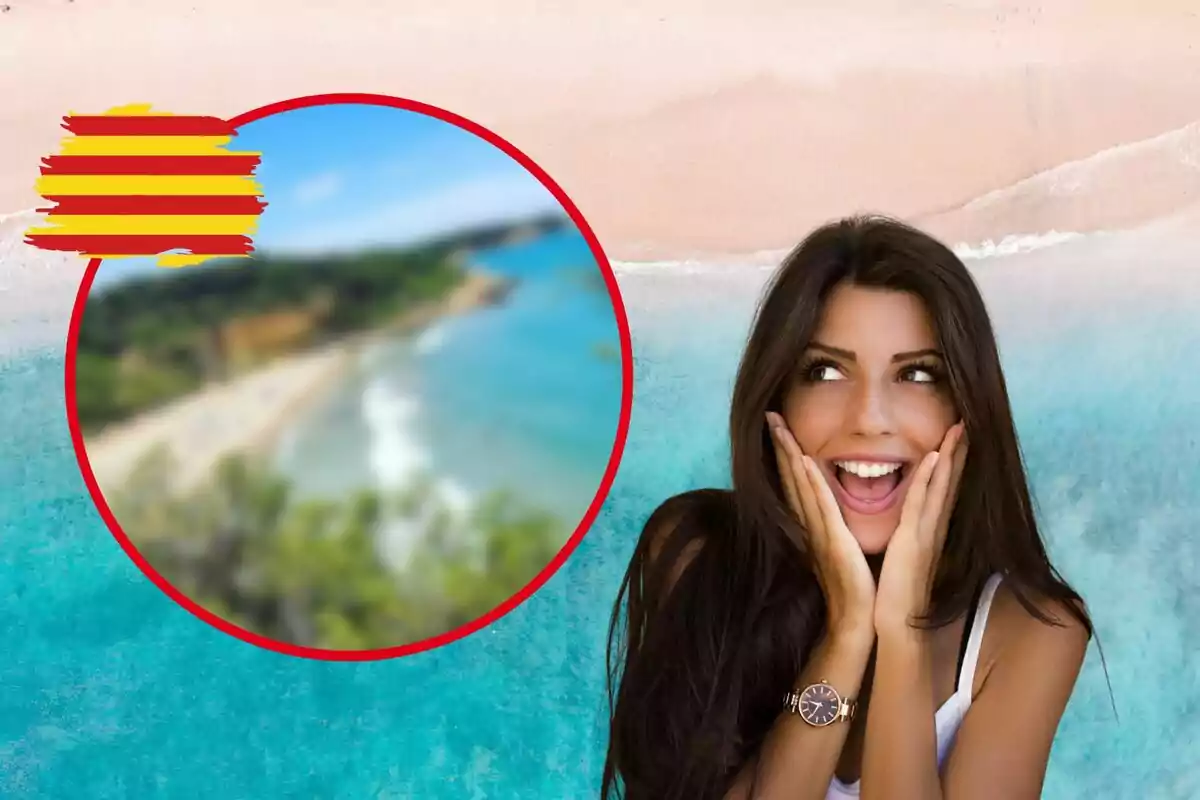 Playa de fondo, chica sorprendida, círculo rojo con foto de playa borrosa y icono de Cataluña