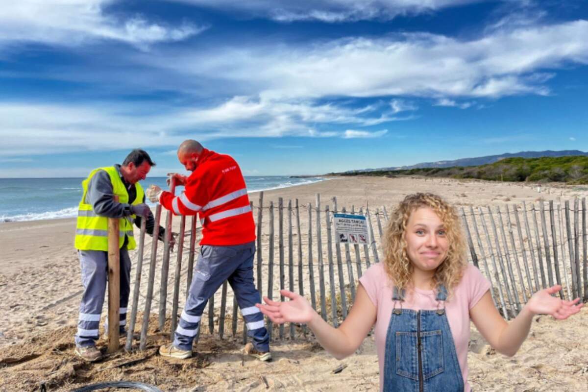 Montaje de la playa del Remolar de Viladecans siendo cerrada con unas valla y una chica haciendo el gesto de no saber