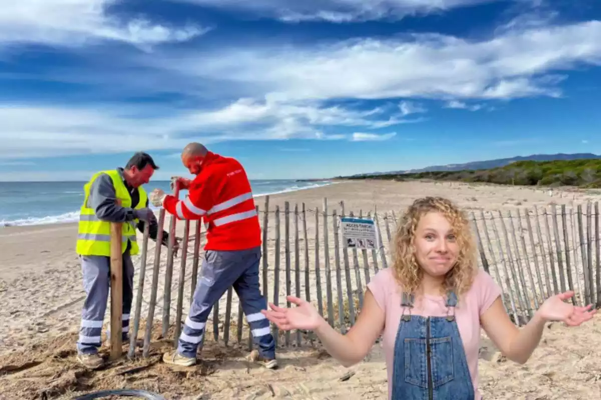 Montaje de la playa del Remolar de Viladecans siendo cerrada con unas valla y una chica haciendo el gesto de no saber