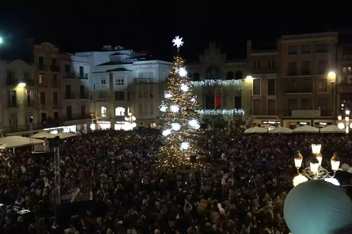 Una multitud se reúne en una plaza iluminada por un gran árbol de Navidad decorado con luces brillantes durante la noche.