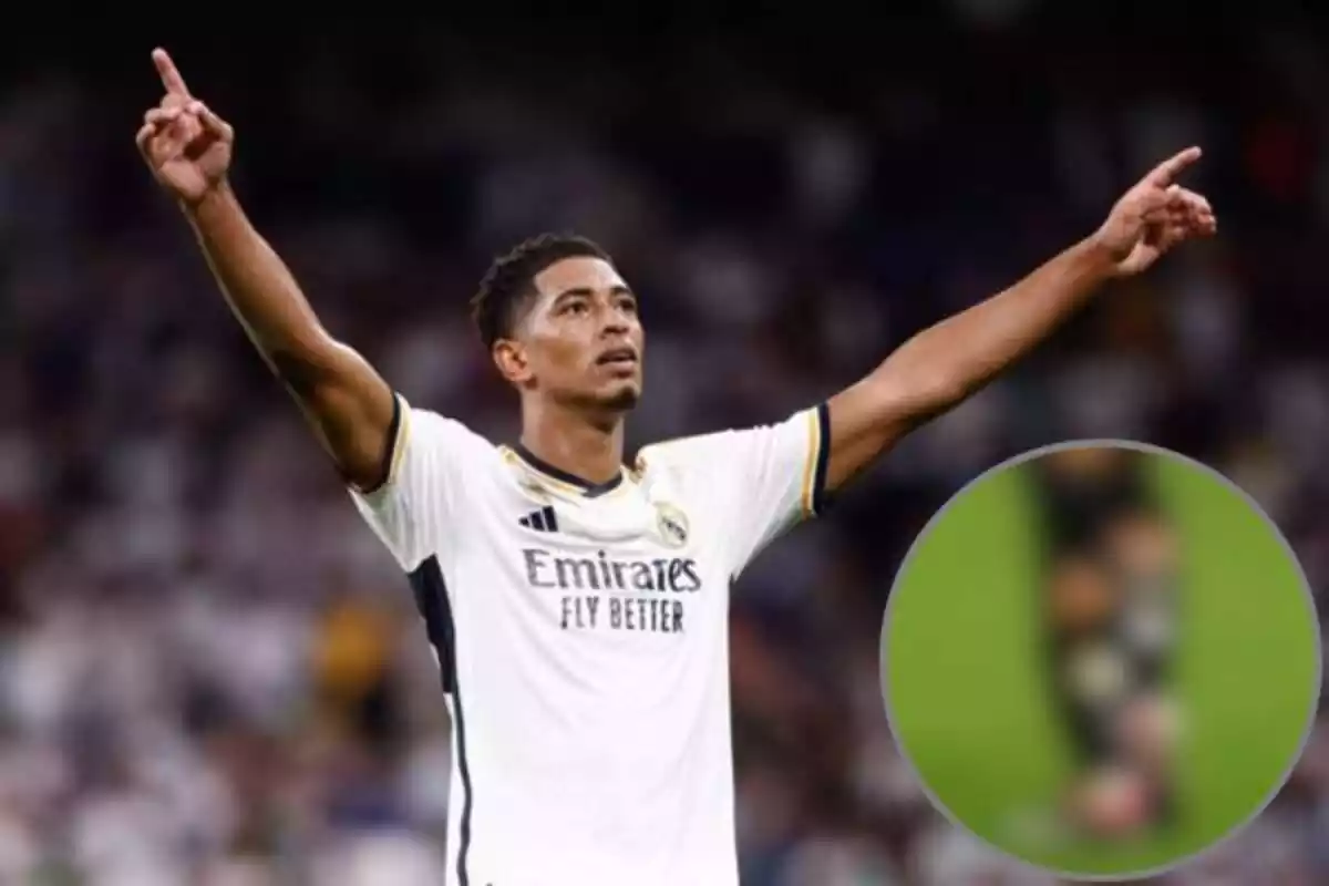 Jugador de fútbol Jude Bellingham celebrando un gol con la camiseta blanca del Real Madrid con los brazos en alto