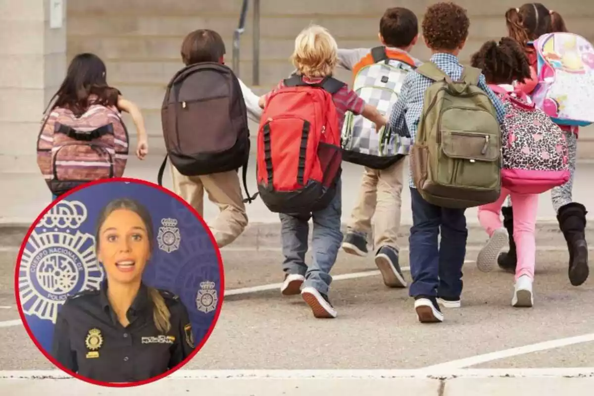 Imagen de fondo de varios niños en la entrada de un colegio y otra imagen de una policía nacional