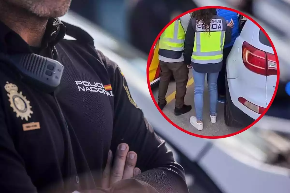 Imagen de fondo de un agente de la Policía Nacional y otra imagen del arresto de un hombre en Tarragona de los más buscados de Europa Imagen de fondo de un agente de la Policía Nacional y otra imagen del arresto de un hombre en Tarragona de los más buscados de Europa