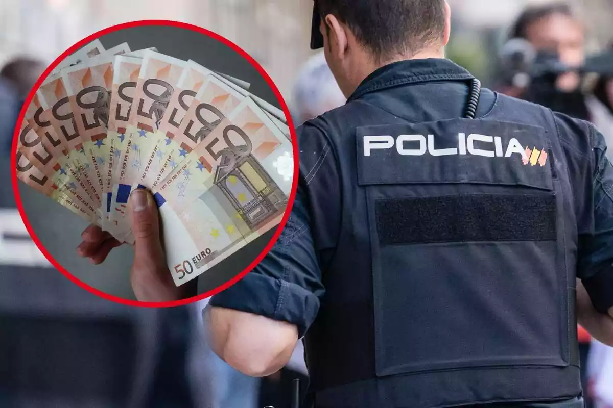 Montaje con una imagen de fondo de agentes de la Policía Nacional y otra imagen de billetes de 50 euros