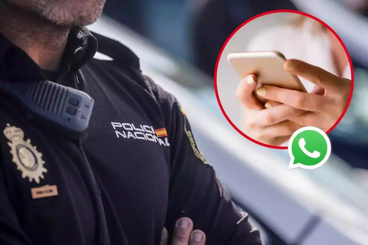 Imagen de fondo de un agente de la Policía Nacional junto a otra de una persona con un móvil en la mano y el logo de WhatsApp