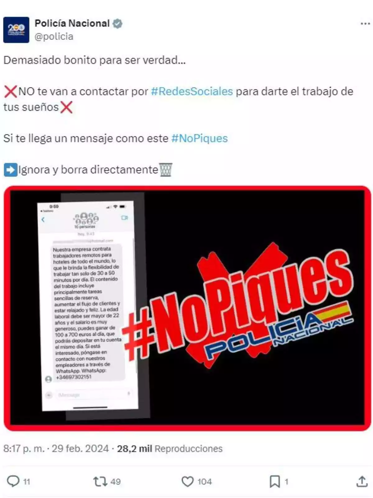 Imagen de un mensaje en X de la Policía Nacional Imagen de un mensaje en X de la Policía Nacional