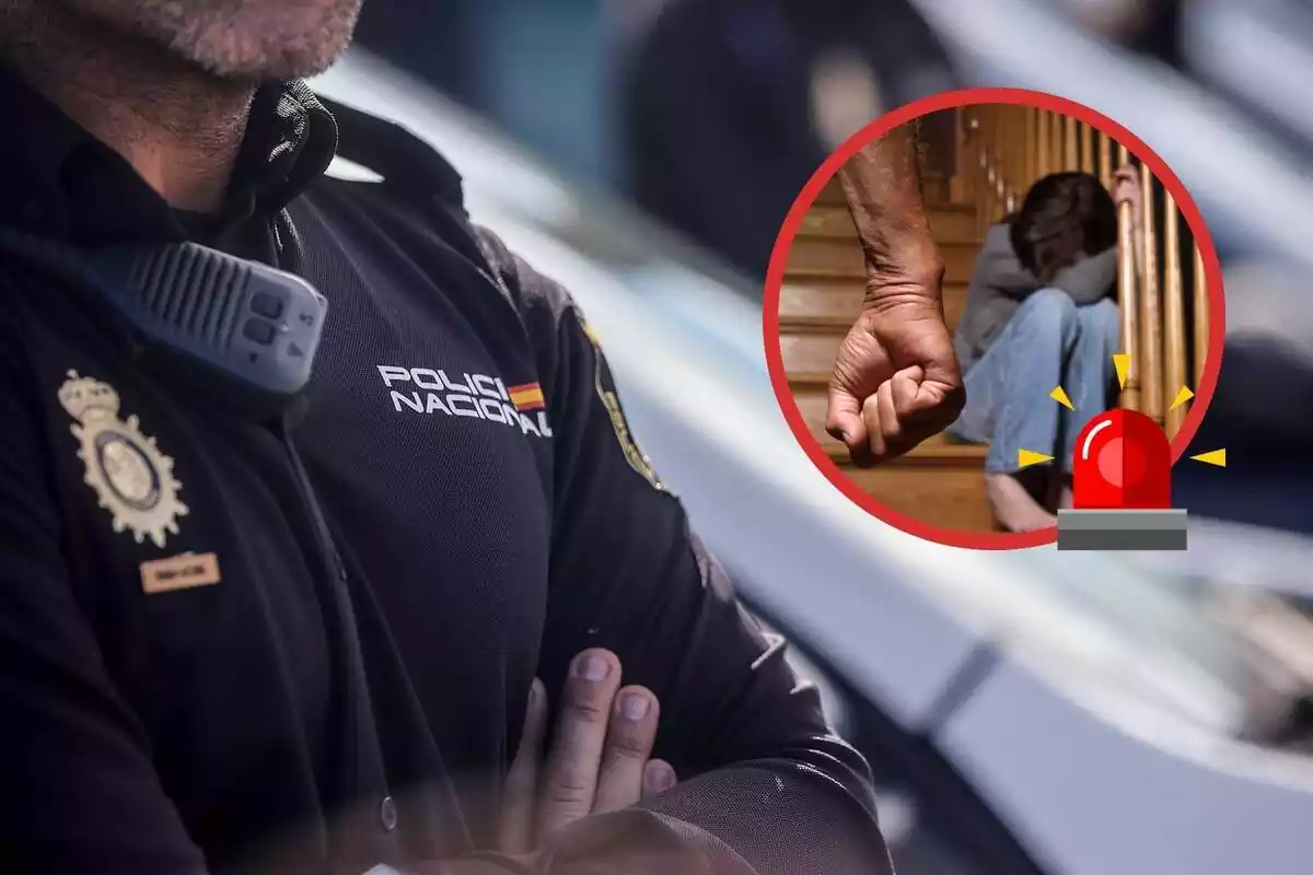 Policia Nacional brazo cruzados y una imagen con un puño y un niño escondido y una alarma