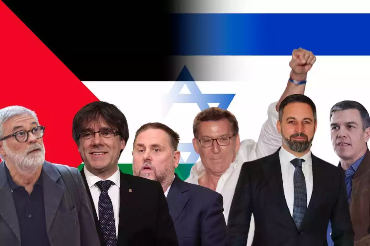 Montaje con los políticos españoles Carles Riera, Carles Puigdemont, Oriol Junqueras, Alberto Núñez Feijóo, Santiago Abascal y Pedro Sánchez, con la bandera Palestina y la de Israel de fondo